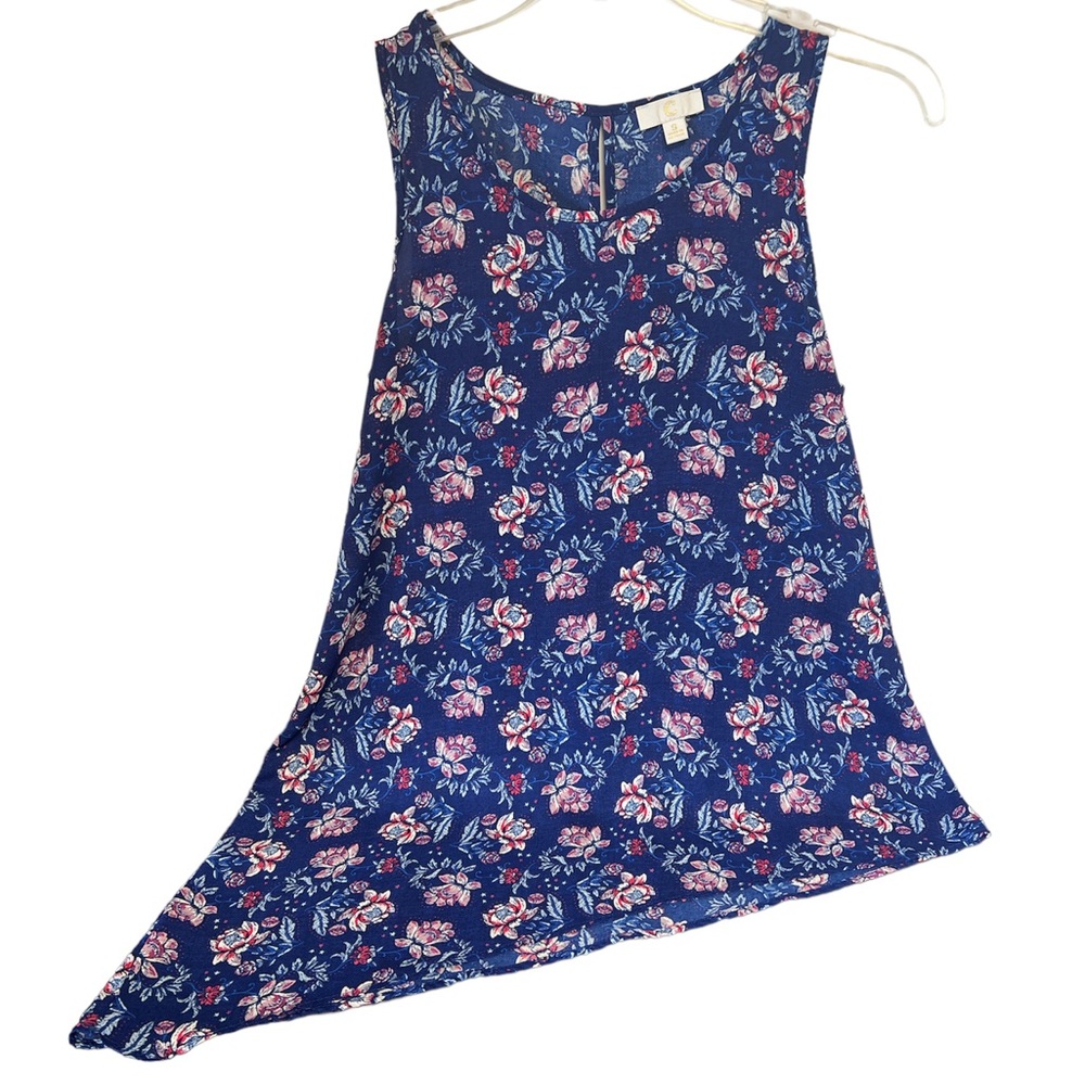 C Asymmetrical Tank Blue Floral Keyhole Back Small